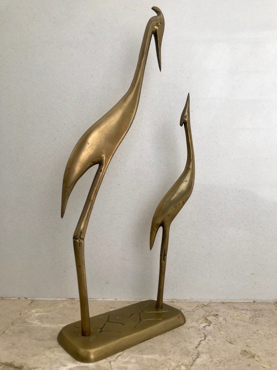 Mid Century Brass Pair Of Herons Sculpture On Pedestal, 1960s