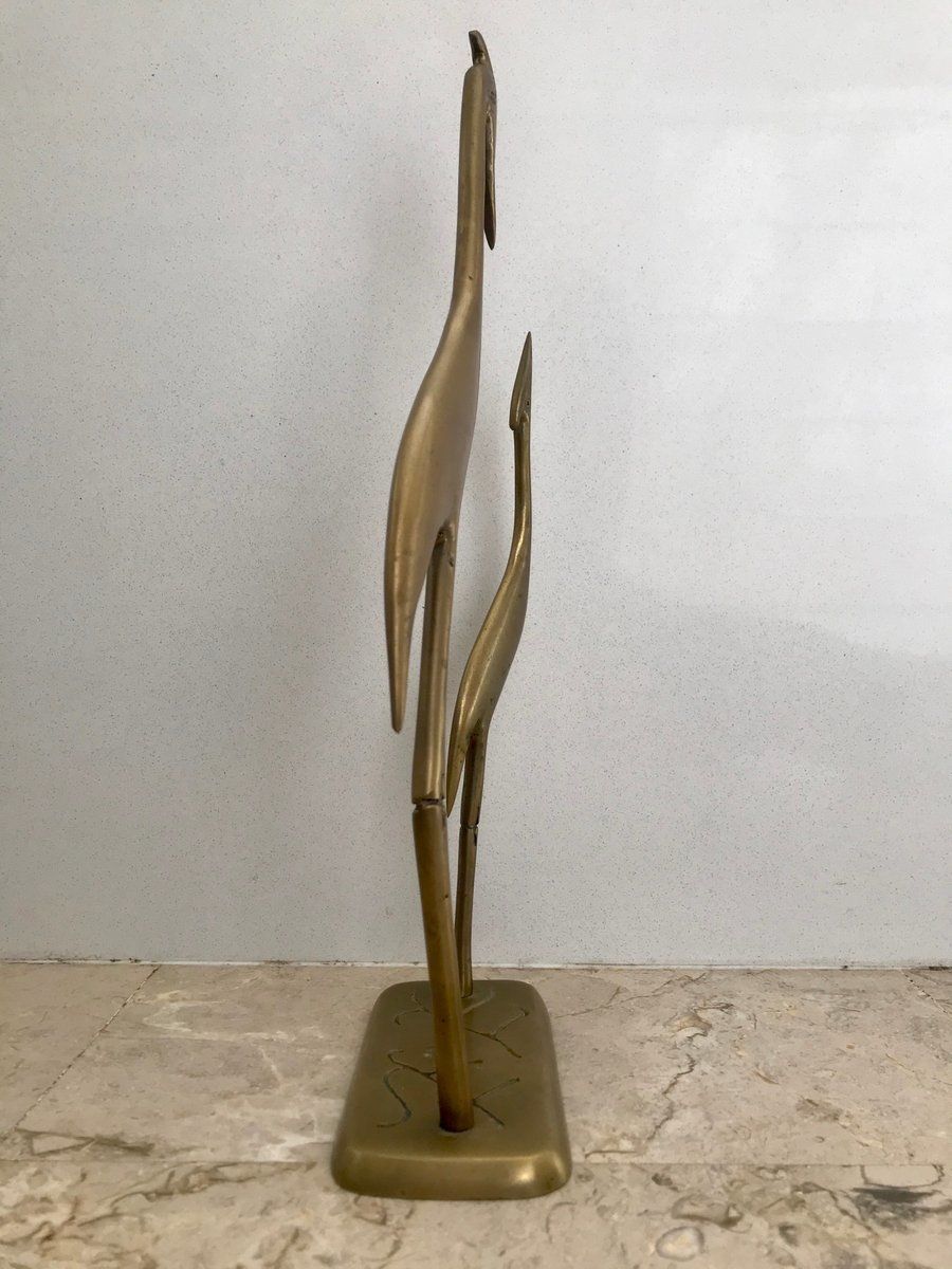 Mid Century Brass Pair Of Herons Sculpture On Pedestal, 1960s photo vinterior