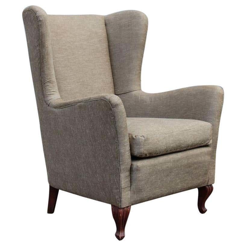 Midcentury Italian Design High Back Armchair Wooden Feet Forest Green