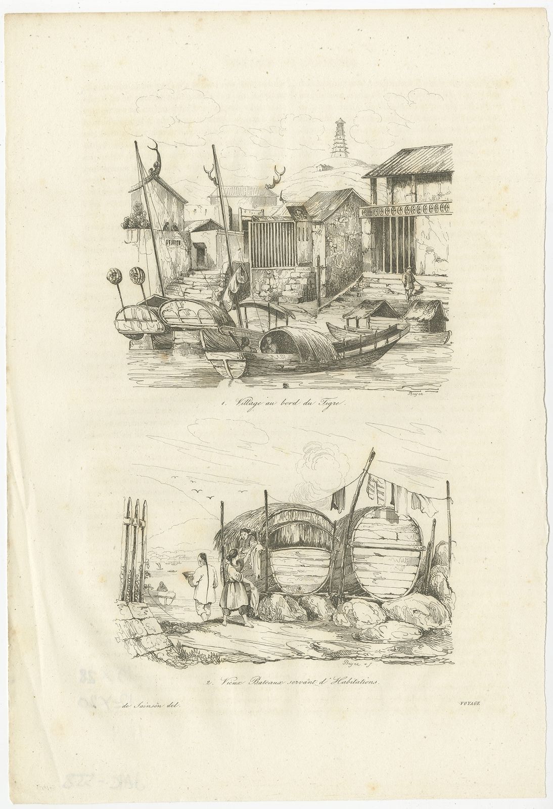 Antique Print Of Chinese Boats And A Chinese Village By Dumont D'urville (1834)