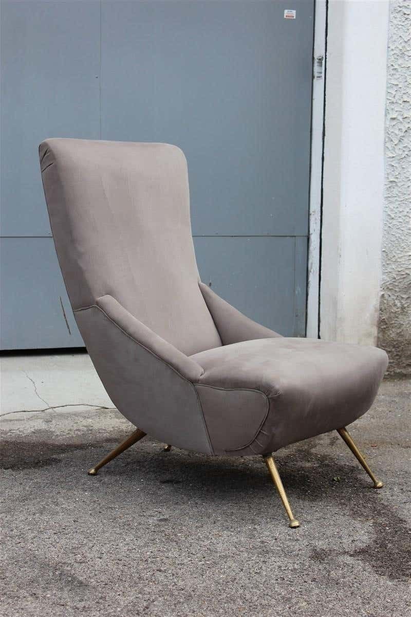 Boomerang Pair Of Armchairs Italian Midcentury Design 1950 Brass Grey Cotton photo for sale