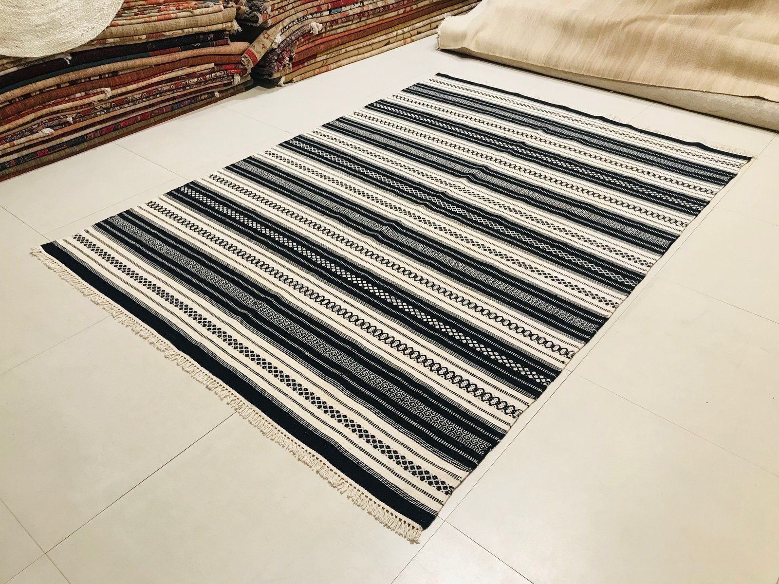 Handwoven Cotton And Wool Black And Beige Kilim Carpet, 1970s photo buy