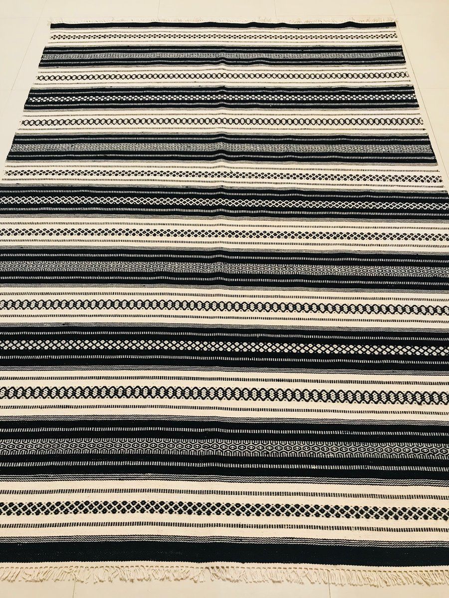 Handwoven Cotton And Wool Black And Beige Kilim Carpet, 1970s photo vintage