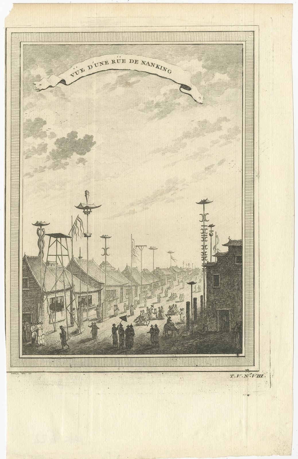 Antique Print Of A Street In Nanjing By Chedel (1746)