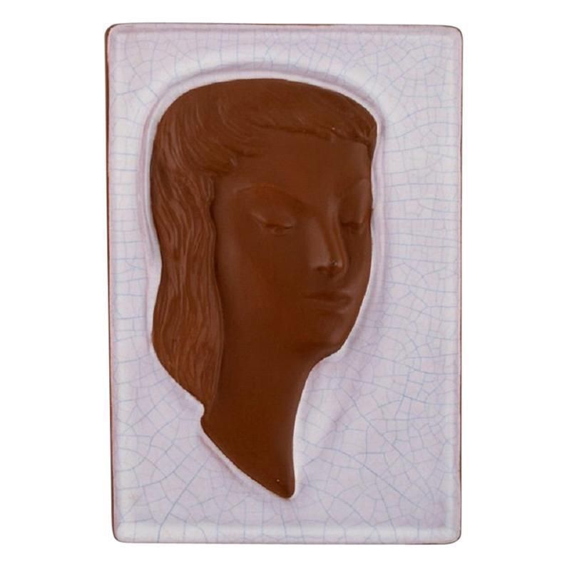 Goldscheider Art Deco Relief In Glazed Ceramics With Woman's Face, Austria, 1950