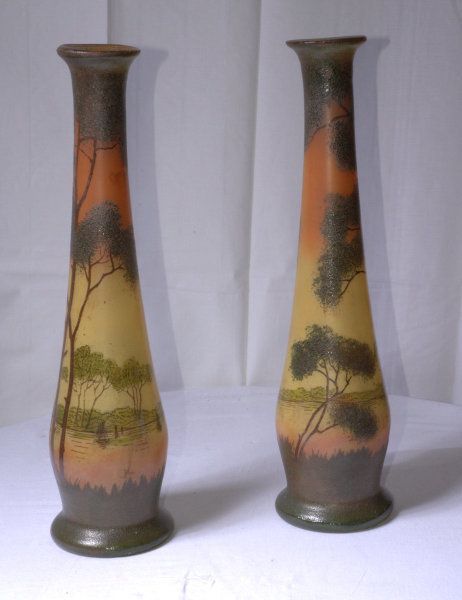 Nice Antique French Pair Of Art Enamelled Glass Vases  Attributed To Legras 41cm