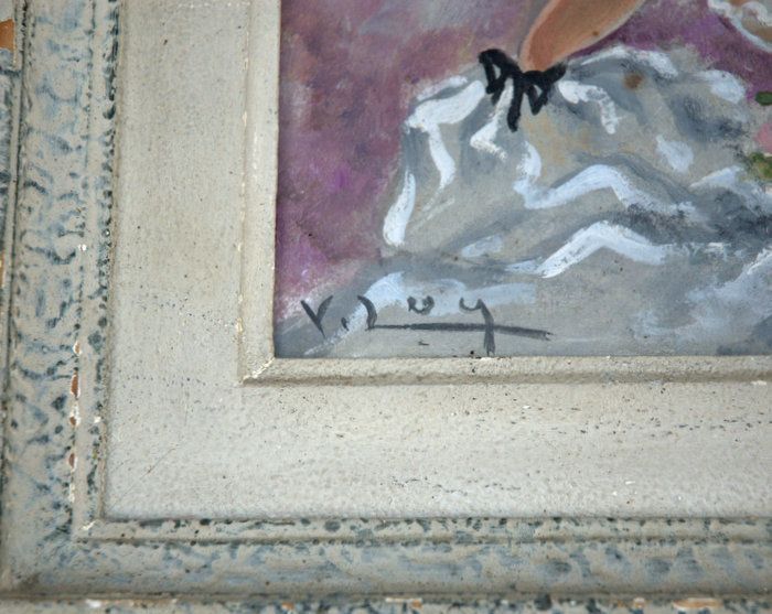 Vintage French Oil On Paperboard Pretty Woman Portrait With Cerused Frame 50s photo for sale