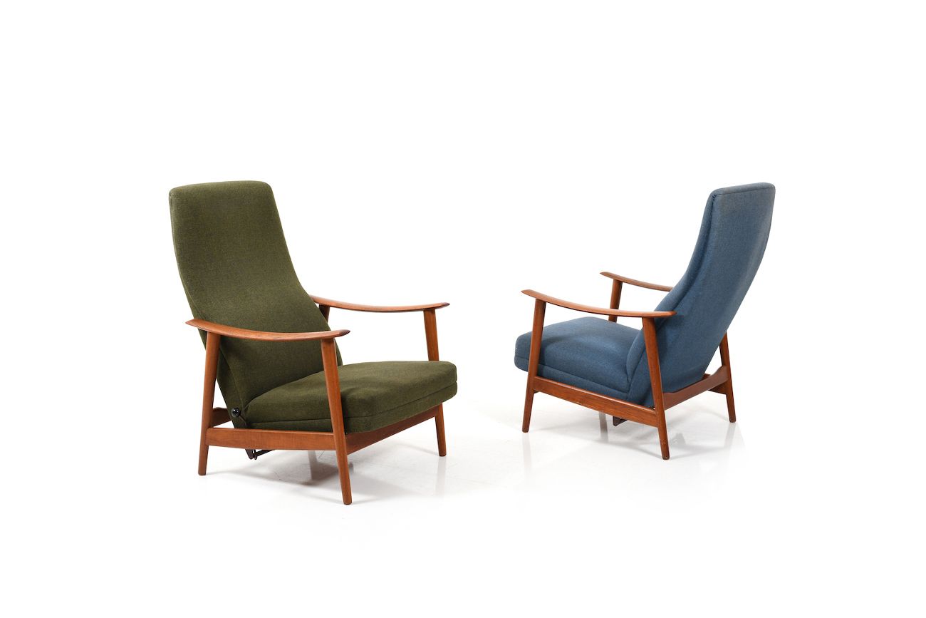 Pair Of Mid Century Danish Reclining Lounge Chairs In Teak photo furniture