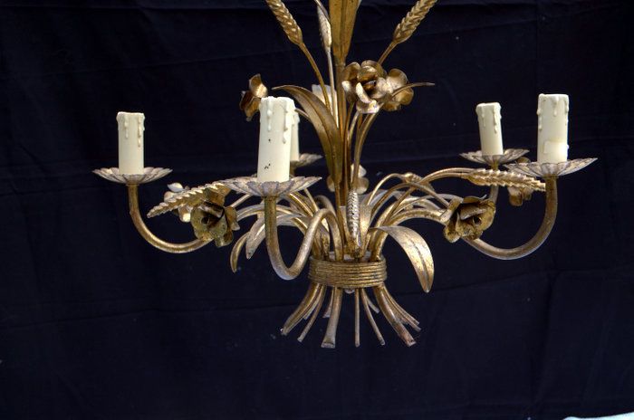 French Vintage Gold Metal Coat Of Wheat Chandelier 70s photo Lighting