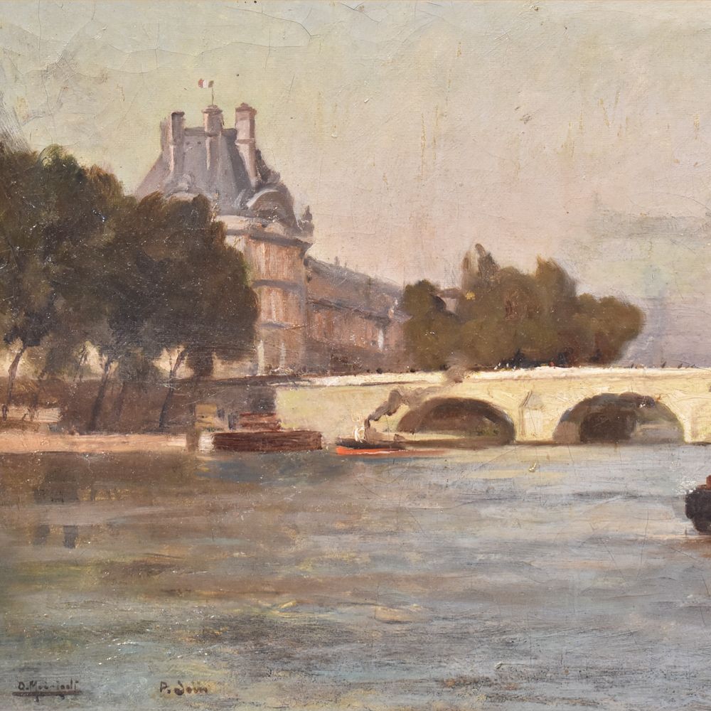 Landscape Painting, Antique Landscape, Pont Neuf In Paris, Oil On Canvas, 19th Century. (Qp228) photo for sale