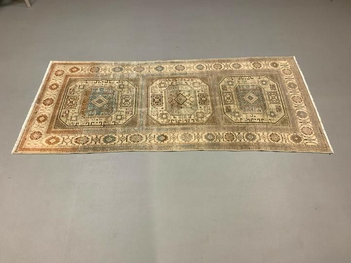 Distressed Turkish Rug 197x90 Cm Wool Vintage Shabby Chic Tribal Blue, Beige photo 275.0