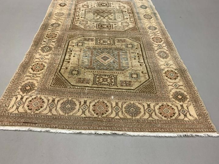 Distressed Turkish Rug 197x90 Cm Wool Vintage Shabby Chic Tribal Blue, Beige photo vinterior