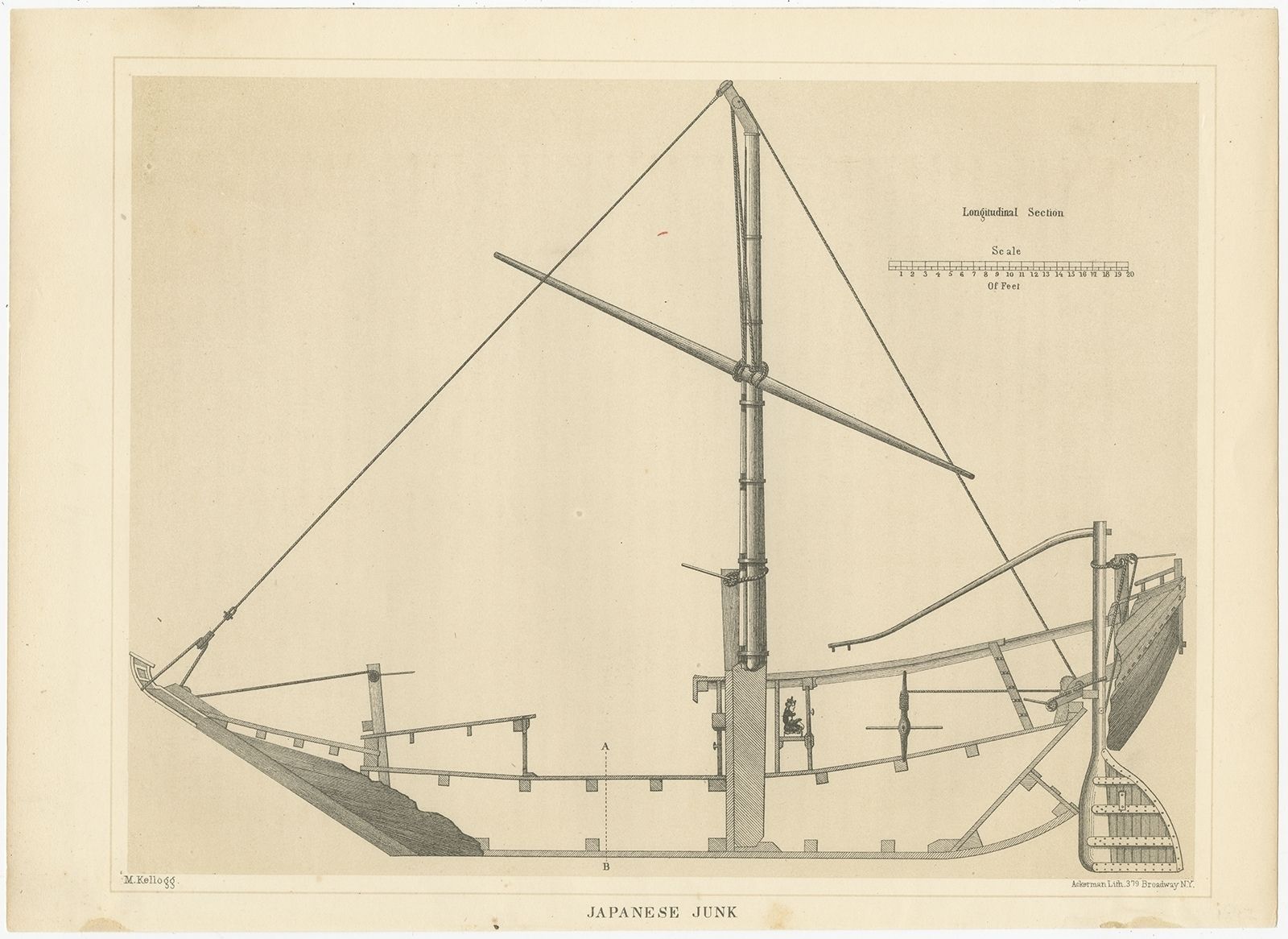 Antique Print Of A Japanese Junk Longitudinal Section By Hawks (1856)