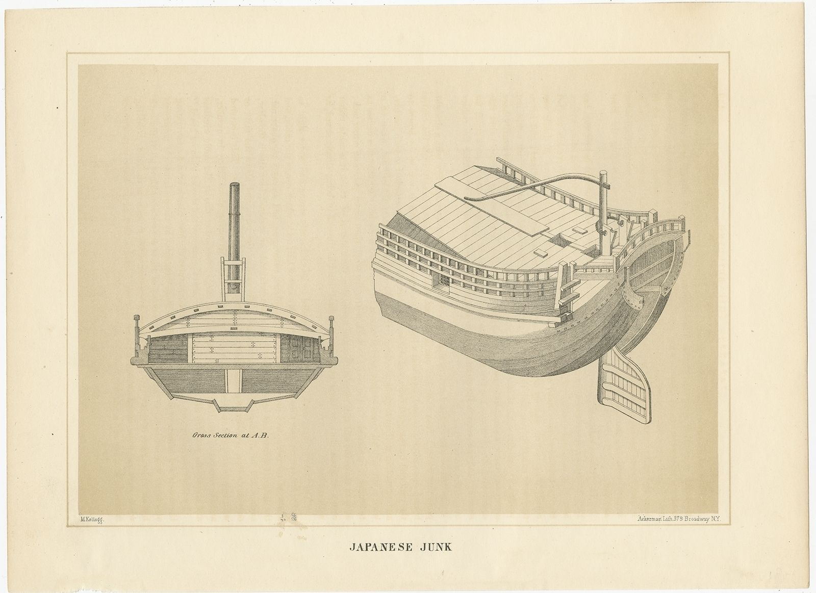 Antique Print Of A Japanese Junk Cross Section By Hawks (1856)
