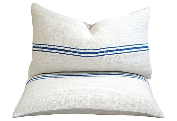 Hungarian Grain Sack & Linen Pillows With Navy Stripe, Pair photo Textiles