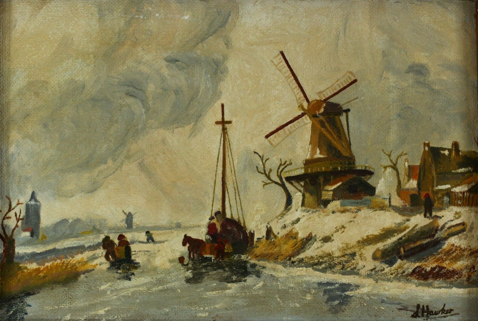 Oil On Board Signed S. Hawker. Landscape Mill By The River photo furniture