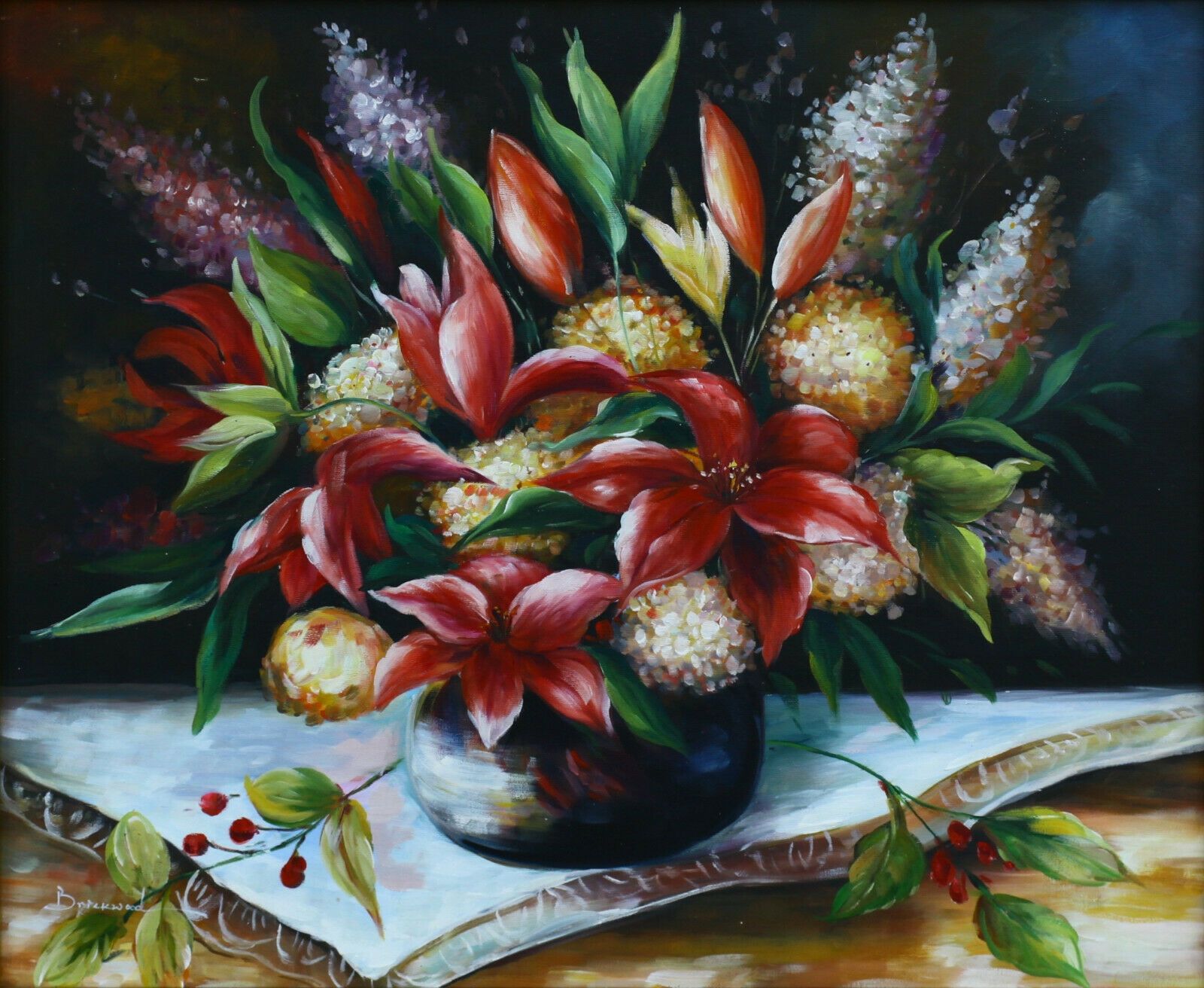 Oil On Board Signed Brickwood. Still Life, Lillies And Lilac In A Vase photo furniture