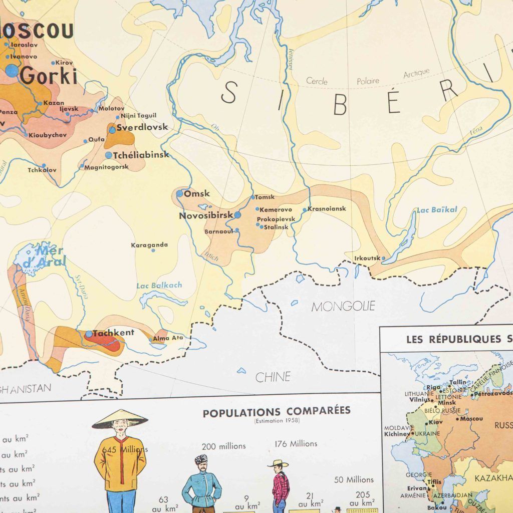 French Double Sided Educational School Poster Of The Populations Of China And Ussr photo buy