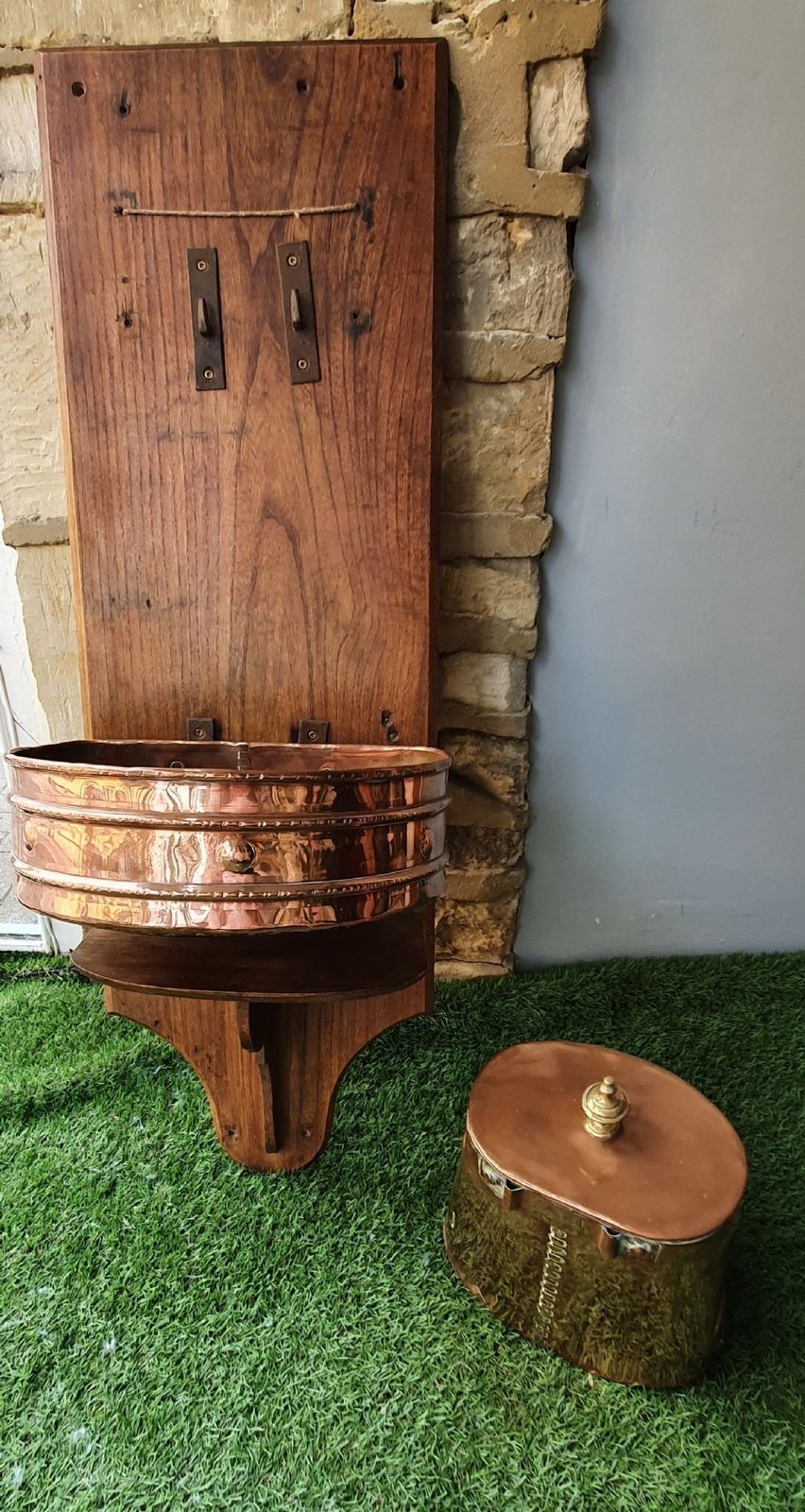 317.0 19th Century French Lavabo / Water Fountain Copper With Brass, Mounted On Wood photo