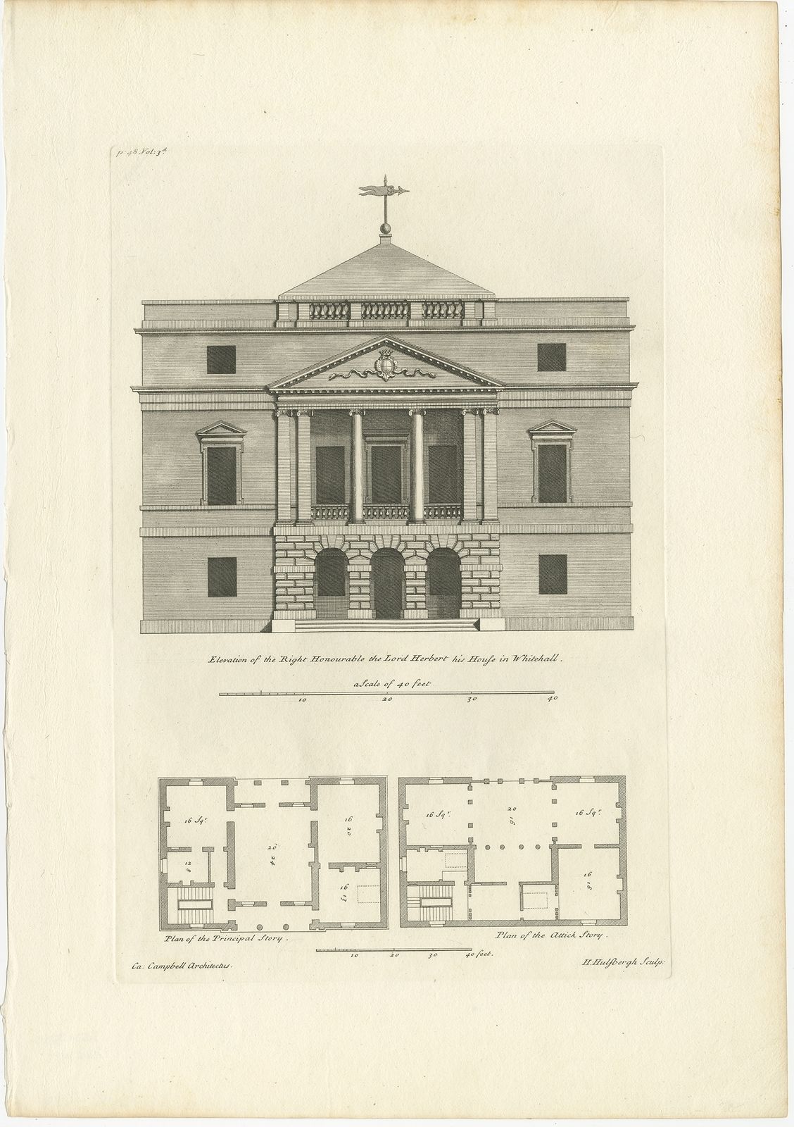 Antique Print Of Designs For Pembroke House Whitehall By Campbell (1725)