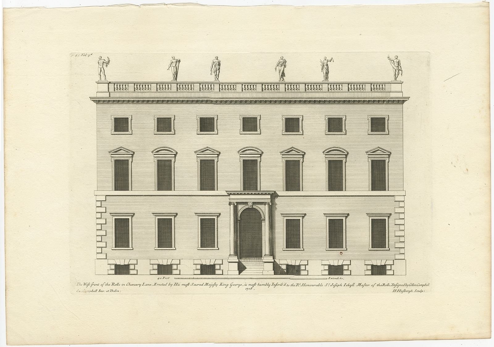Antique Print Of The West Front Of Rolls House By Campbell (1725)