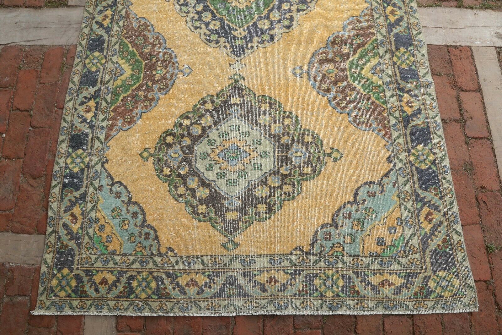 140x382 Cm Yellow Vintage Hallway Runner Carpet Turkey Oushak Wool Handwoven Floral Rug 4'6x12'5 Ft photo for sale