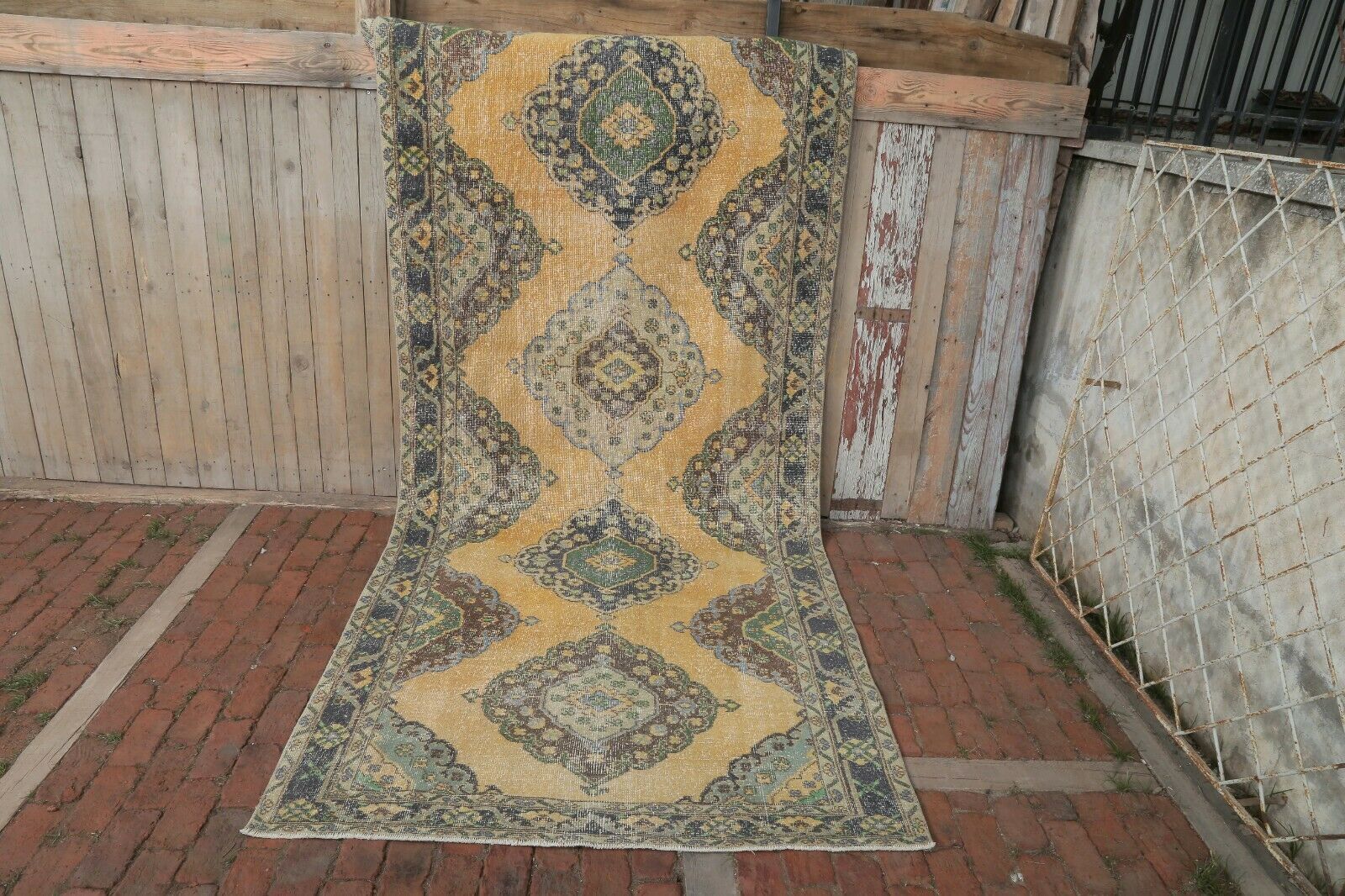 photo for sale 140x382 Cm Yellow Vintage Hallway Runner Carpet Turkey Oushak Wool Handwoven Floral Rug 4'6x12'5 Ft