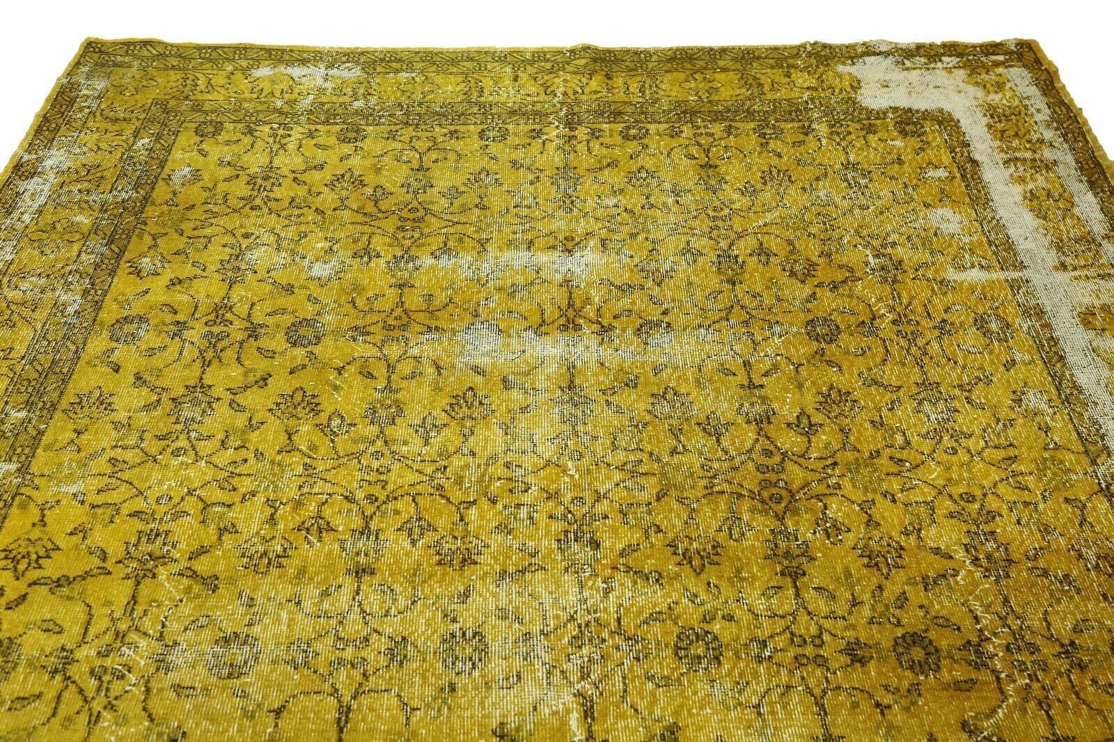 214x310 Cm Hand Knotted Yellow Turkish Area Carpet Vintage Floral Distressed Rug 7x10'2 Ft photo 599.0