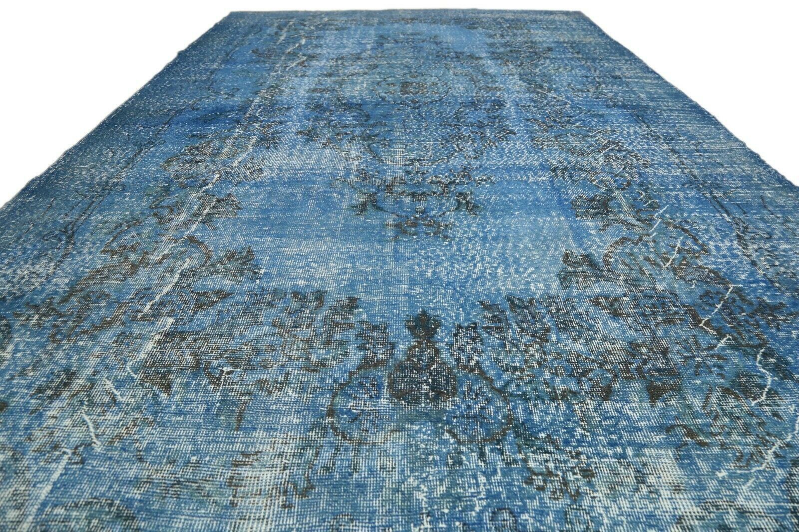 206x338 Cm Blue Floral Turkish Area Carpet Distressed Vintage Living Room Oushak Wool Rug 6'7x11 Ft photo for sale