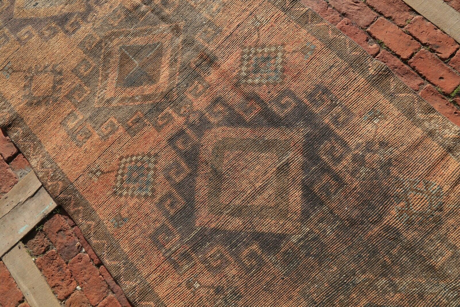 127x355 Cm Rare Vintage Hallway Runner Turkish Wool Goat Hair Geometric Salmon Rug 4'2x11'6 Ft