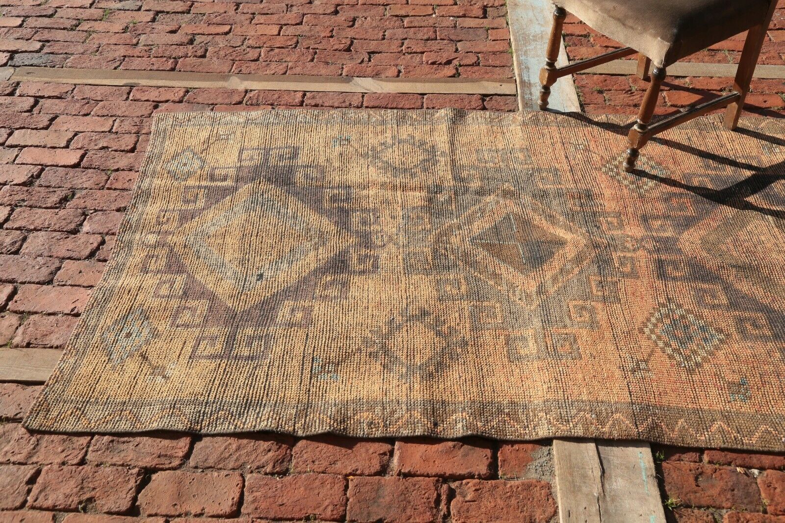 127x355 Cm Rare Vintage Hallway Runner Turkish Wool Goat Hair Geometric Salmon Rug 4'2x11'6 Ft photo vintage