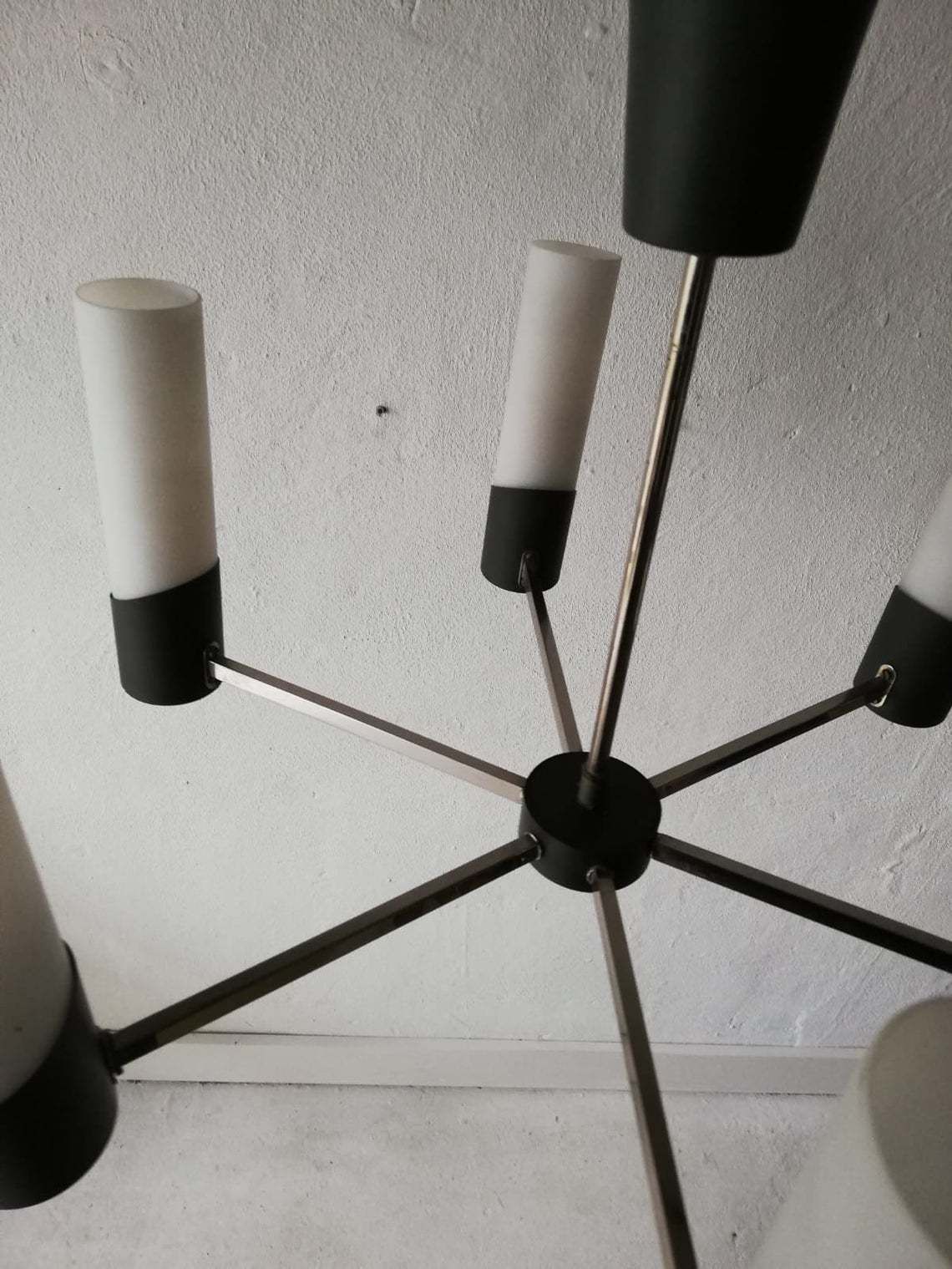 Mid Century Modern Italian Chandelier   6 Armed Minimalist Opal Glass Tube Lampshades With Grey Metal Body   60s Italy photo 638.6