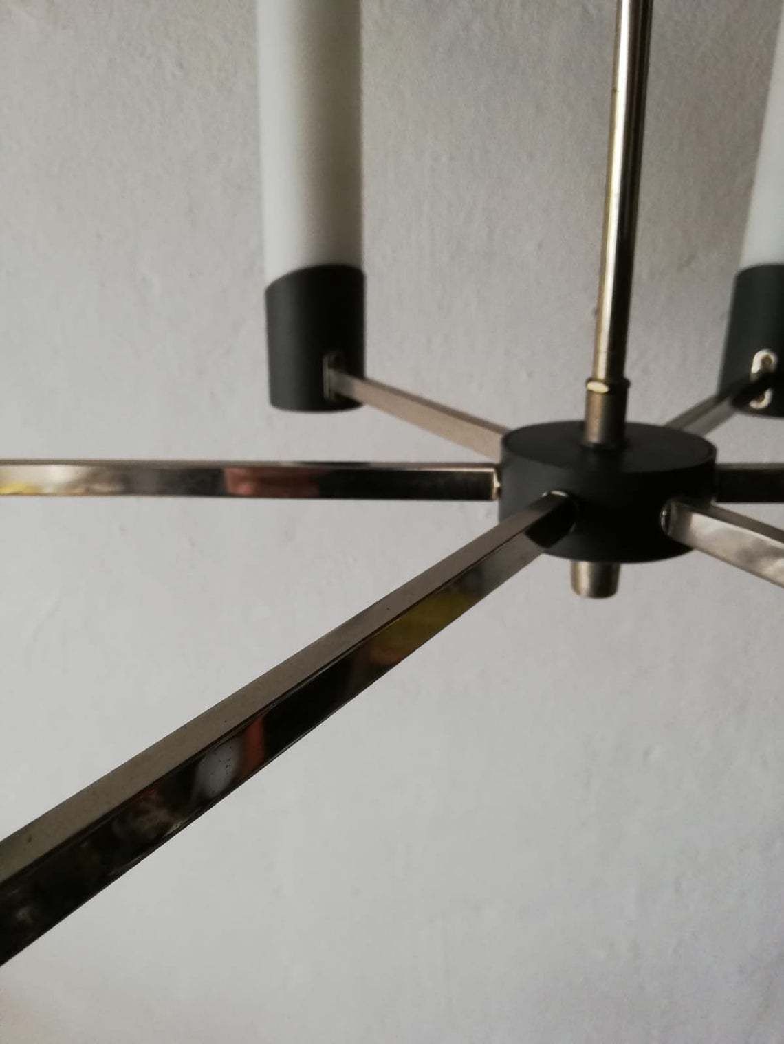 Mid Century Modern Italian Chandelier   6 Armed Minimalist Opal Glass Tube Lampshades With Grey Metal Body   60s Italy photo buy