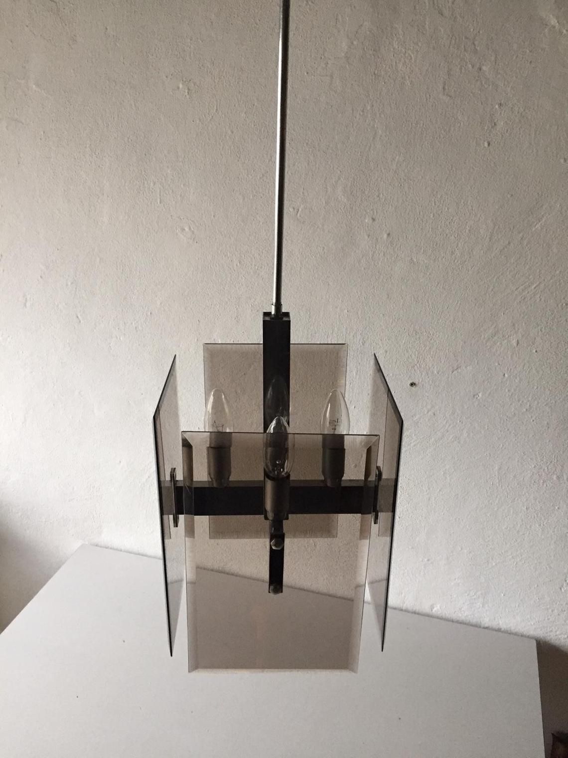 Veca Smoked Cut Glass & Chrome Body Chandelier   1970s Italy photo vinterior