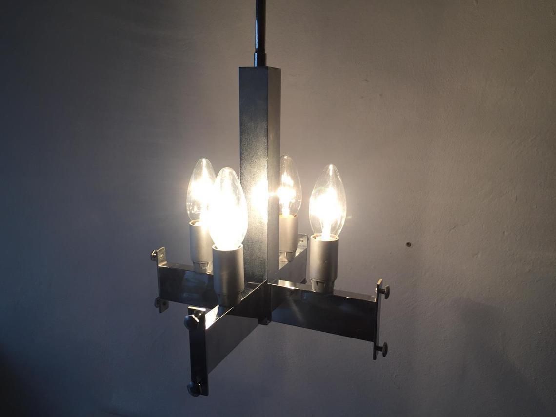 photo furniture Veca Smoked Cut Glass & Chrome Body Chandelier   1970s Italy