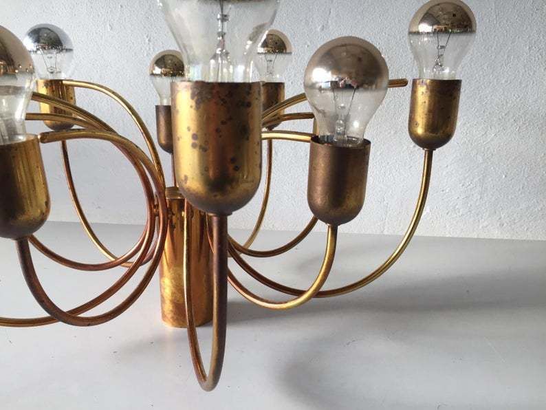 Cosack Rare 10 Arc Shaped Arms Full Brass Chandelier   Beautiful Old Brass Patina   1970s Germany photo vintage