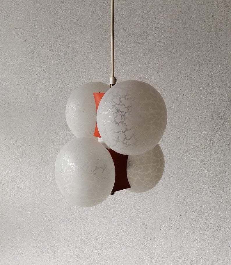 Moderne Leuchten 4 Amorphous Glass & Beautiful Orange Metal Body Chandelier   1970s Germany