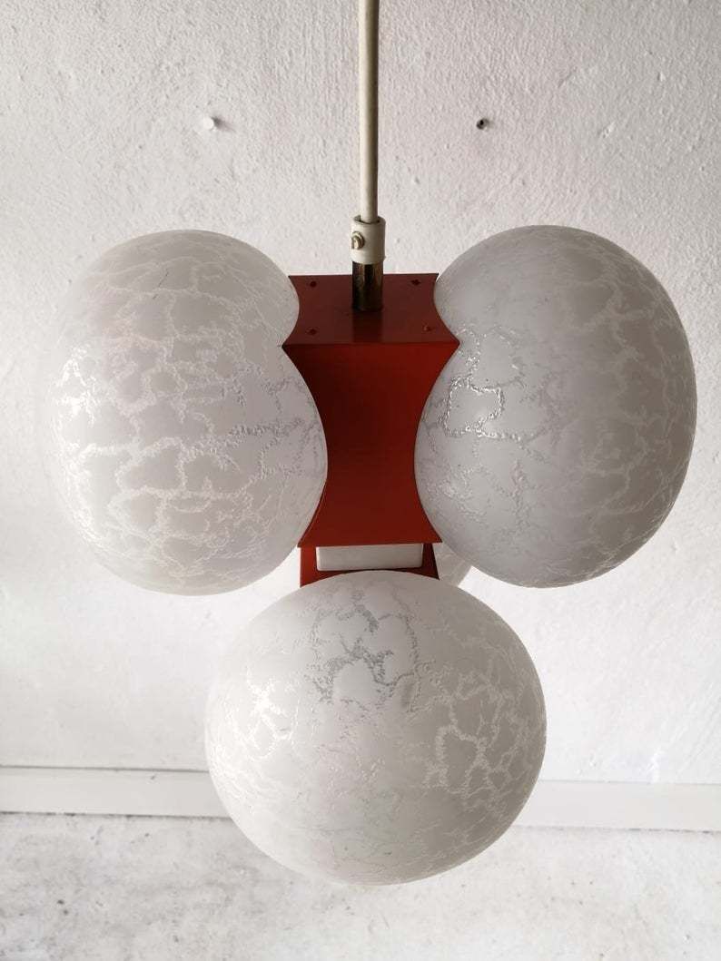 Moderne Leuchten 4 Amorphous Glass & Beautiful Orange Metal Body Chandelier   1970s Germany photo for sale