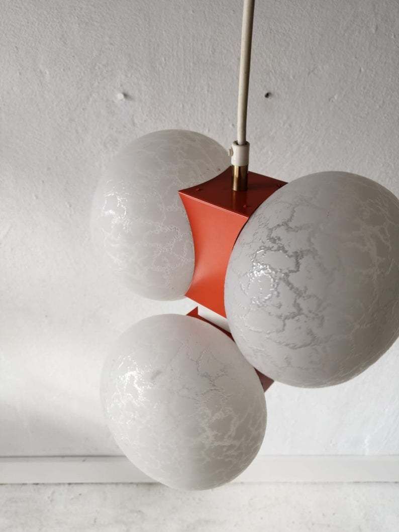 Moderne Leuchten 4 Amorphous Glass & Beautiful Orange Metal Body Chandelier   1970s Germany photo Lighting
