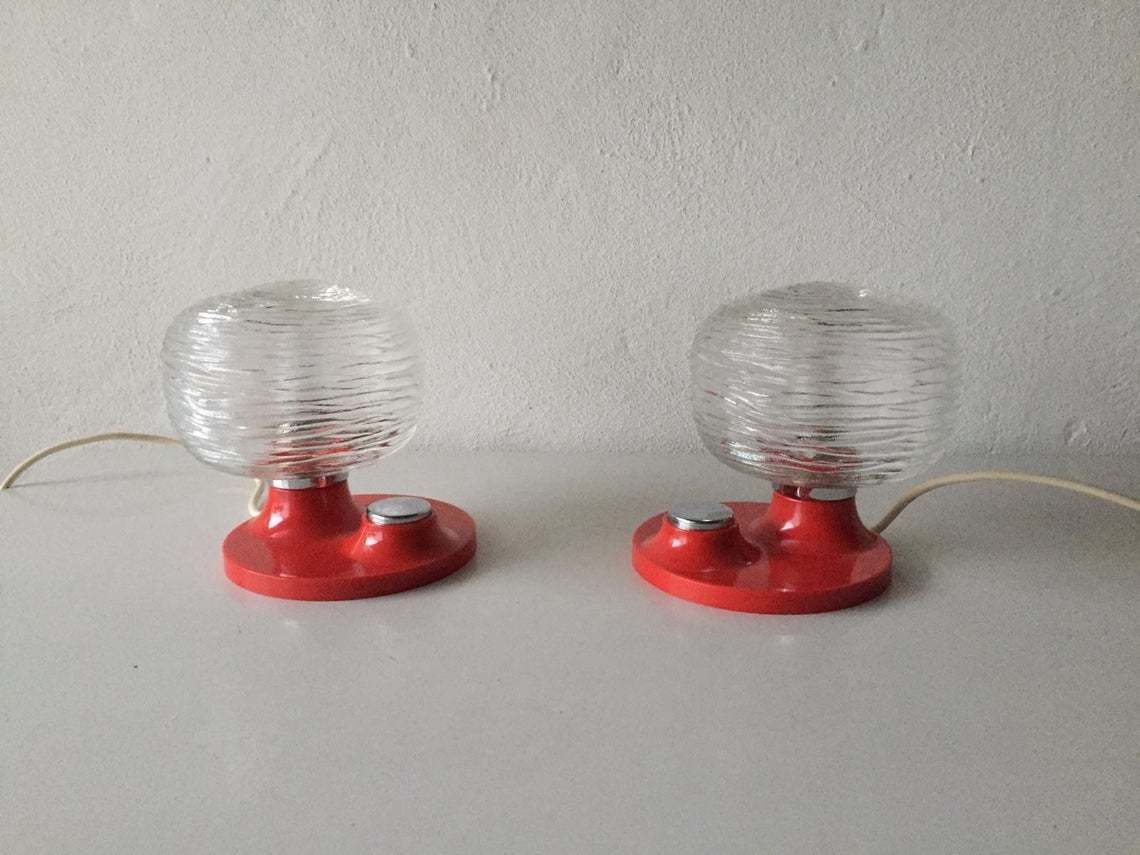 Hillebrand Pair Of Rare Rose Designed Glass Bedside Lamps   Beautiful Red Body & Big Chrome Buttons   1970s Germany photo furniture