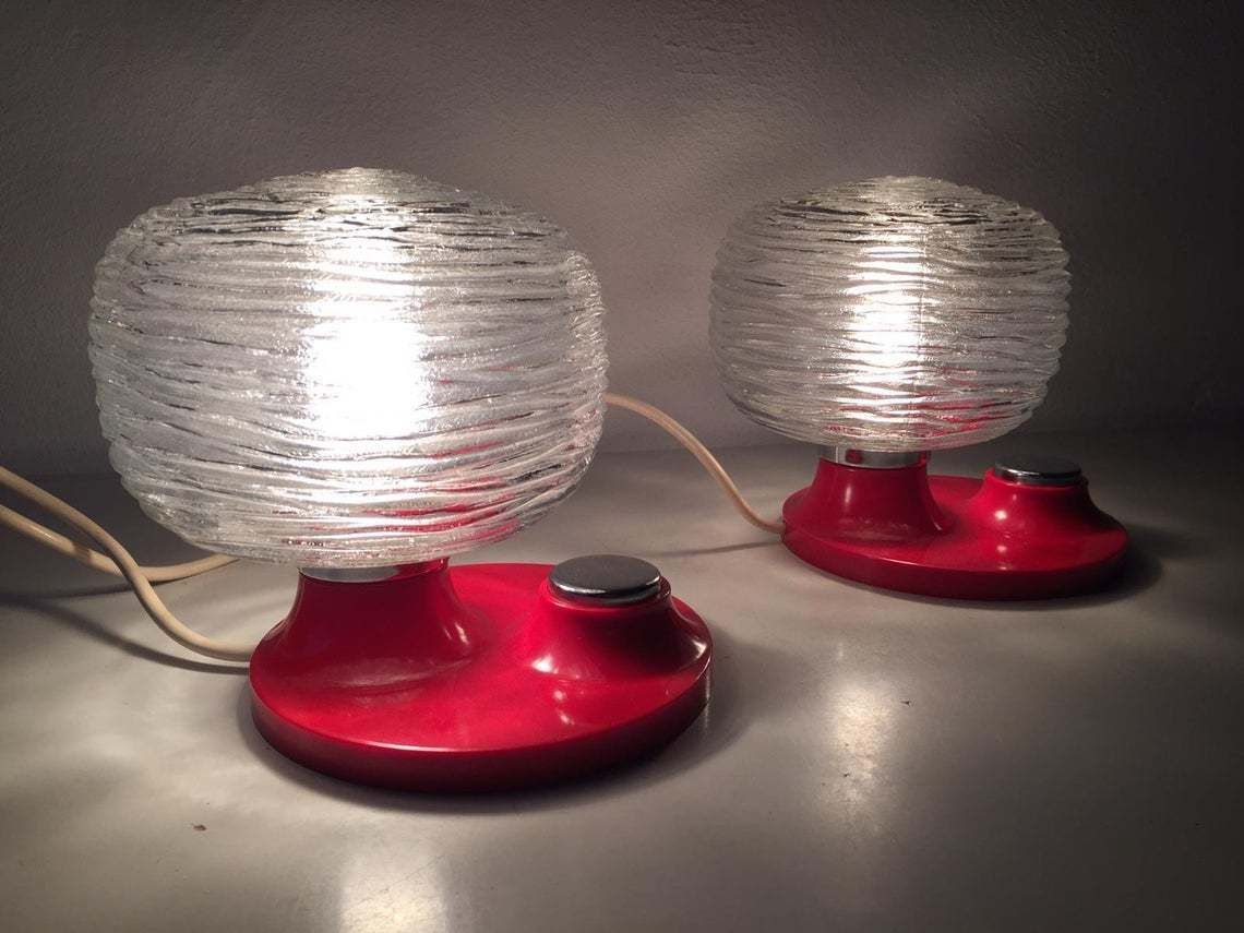 Hillebrand Pair Of Rare Rose Designed Glass Bedside Lamps   Beautiful Red Body & Big Chrome Buttons   1970s Germany photo vinterior