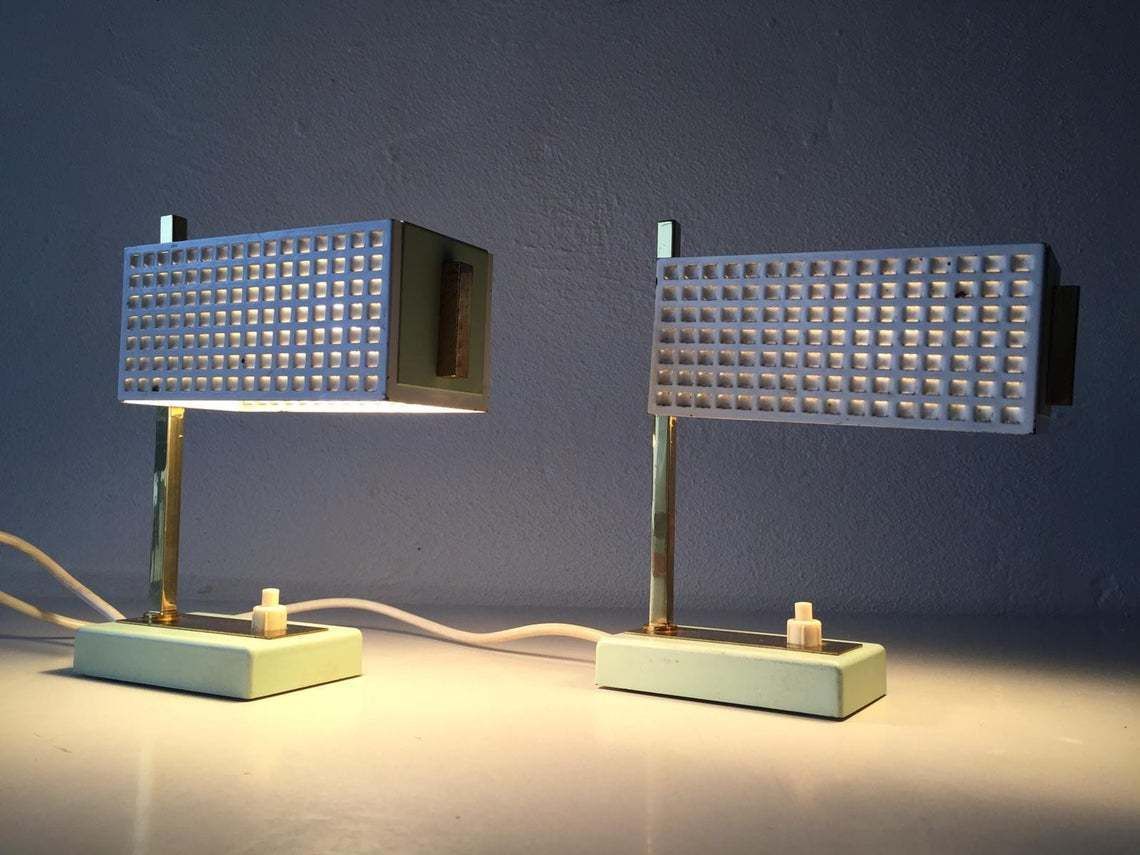 photo for sale Green & White Perforated Metal Pair Of Table Lamps By Mathieu Matégot   1950s France