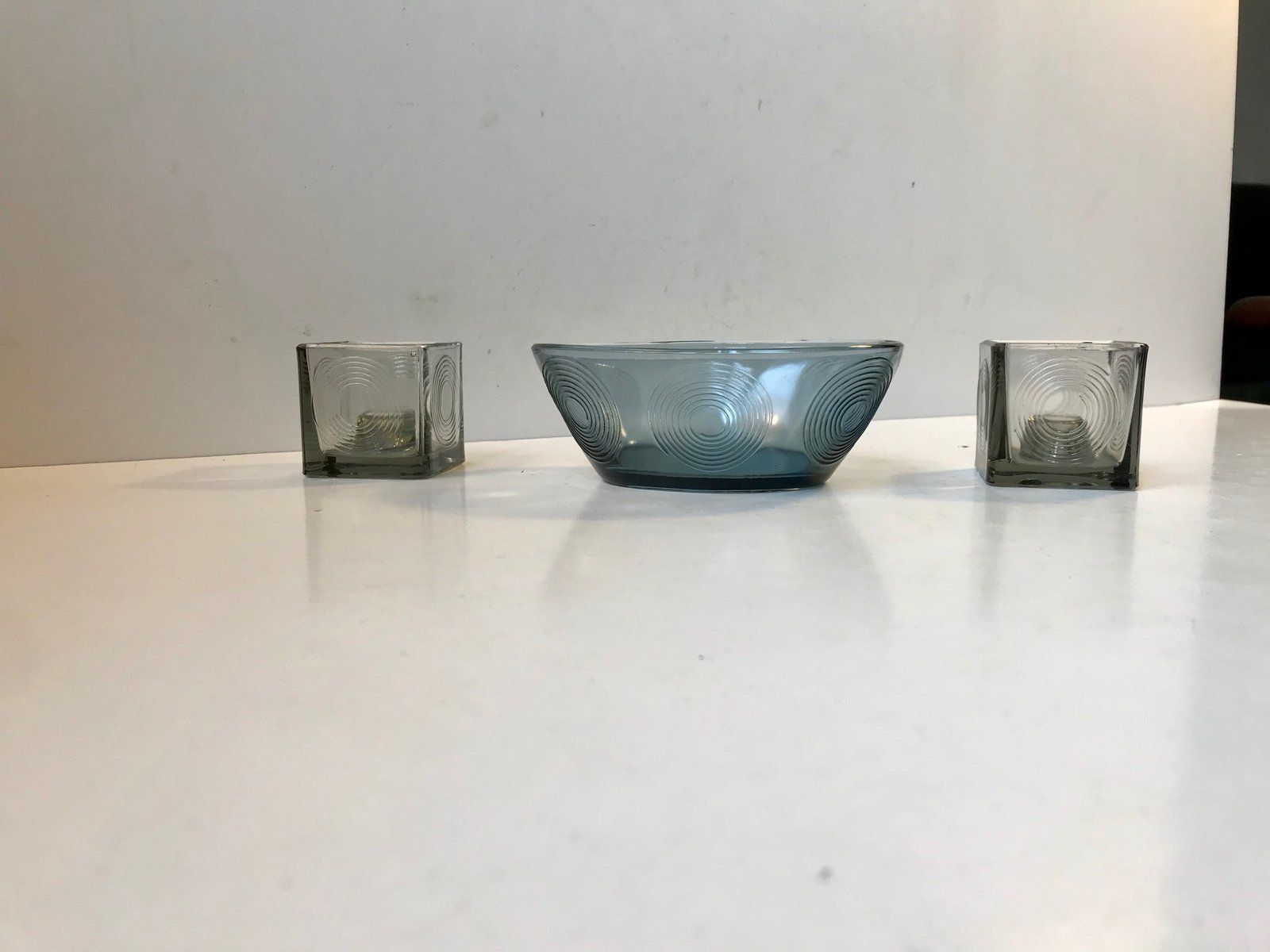 Cubist Candleholders And Bowl Set By Per Lütken For Holmegaard, 1970s, Set Of 3