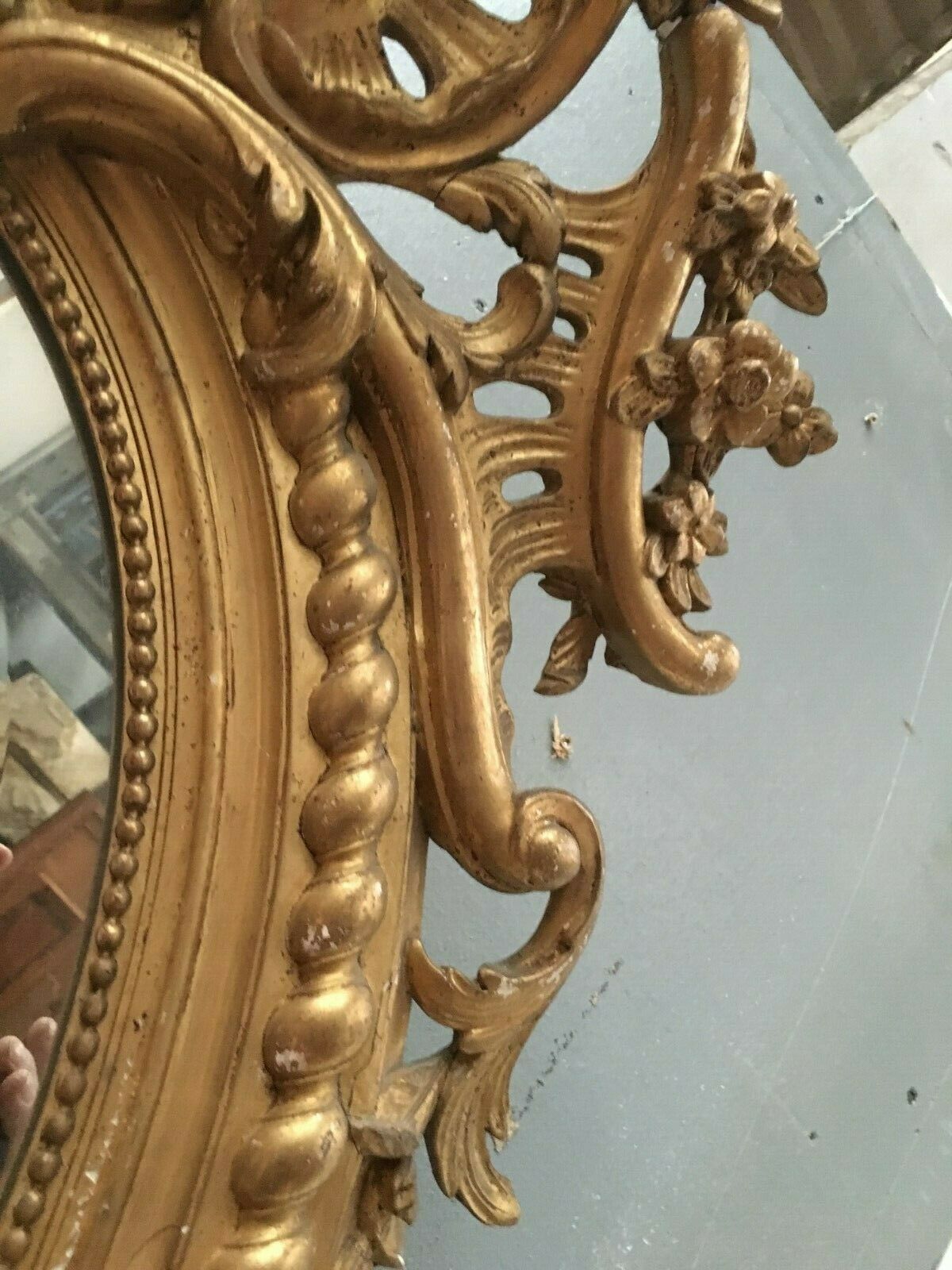 photo for sale Oval Mirror With Wooden Pediment And Gilded Stucco Oval Ice Beveled Napoleon III  80x120cm