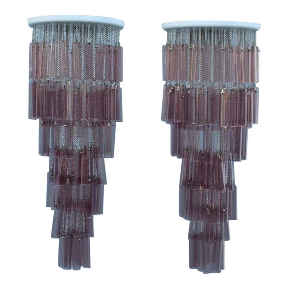 Pair Of Round Venini Cascade Chandeliers Straws Viola Murano Glass Italian