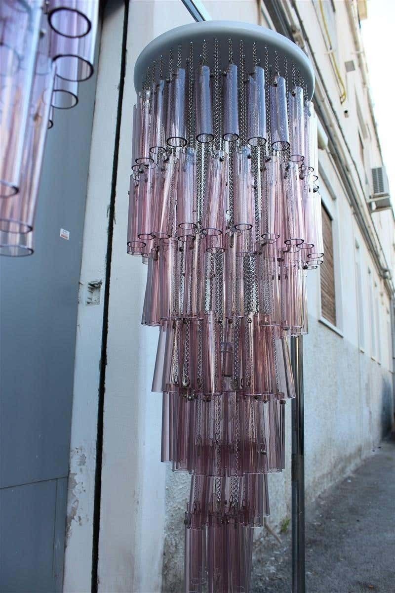 photo for sale Pair Of Round Venini Cascade Chandeliers Straws Viola Murano Glass Italian