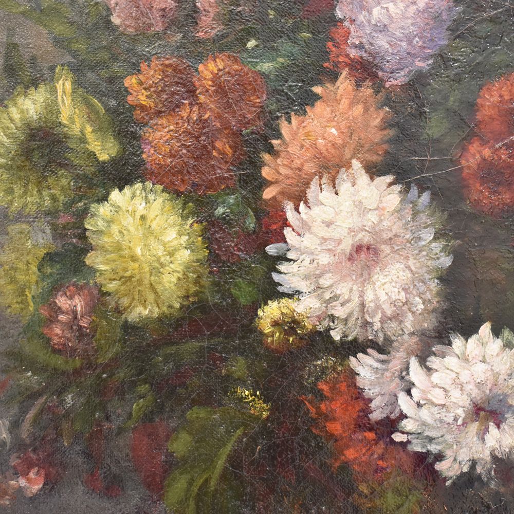Flower Painting, Daisies And Chrysanthemums Flower Art, Still Life Floral, Oil On Canvas, 19th Century. (Qf232) photo vinterior