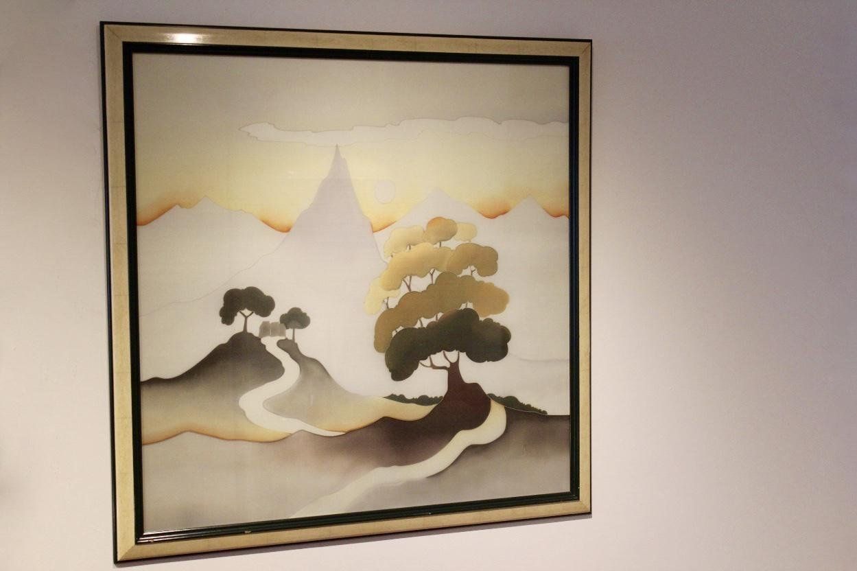 Soleil Couchant Hand Painted Aquarelle On Silk By Odille Penelle, 1980s