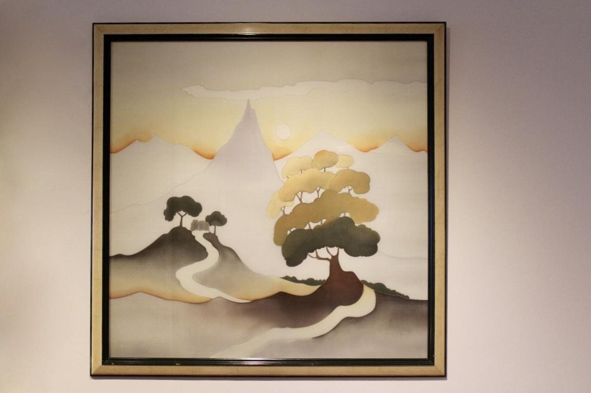 Soleil Couchant Hand Painted Aquarelle On Silk By Odille Penelle, 1980s photo furniture