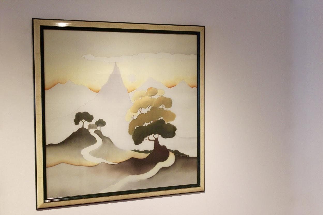 Soleil Couchant Hand Painted Aquarelle On Silk By Odille Penelle, 1980s photo 2897.44